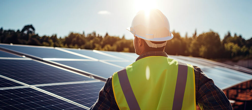 A Solar Contractor looking to a photovoltaic solar array. Sun shining in the Sky.