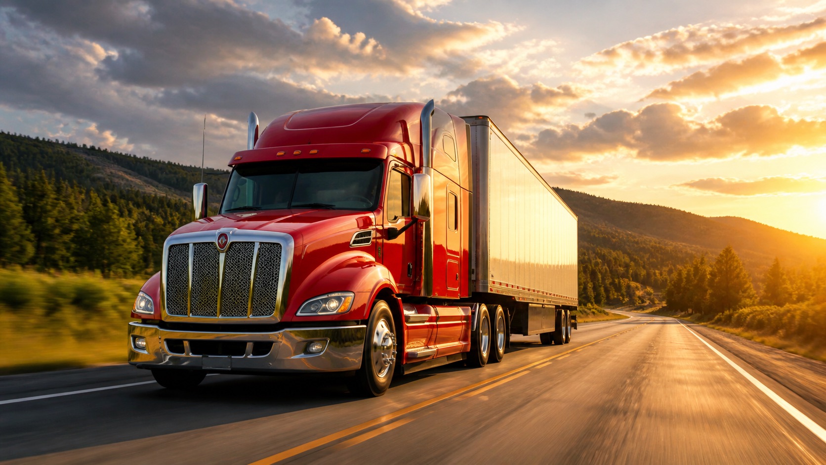 Semi truck on the highway at dawn